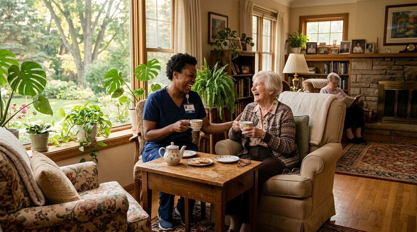 Warm and caring assisted living interaction in Crystal Minnesota